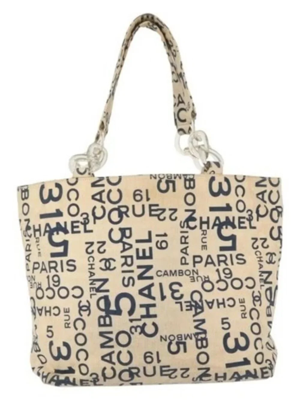 CHANEL By Sea Line Tote Bag Canvas Navy Beige CC Auth mr1854
